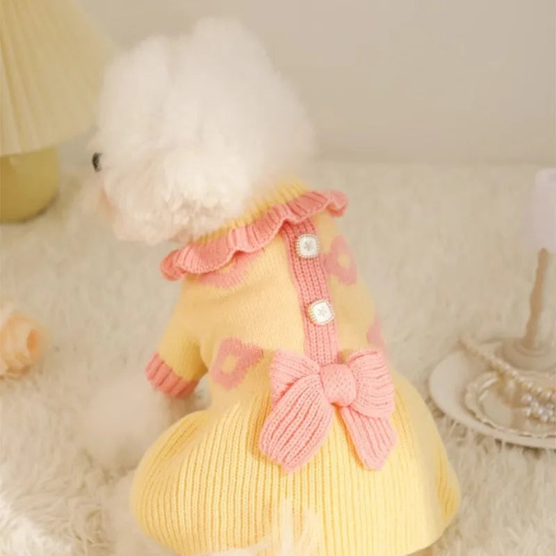 Small dog wearing autumn sweater in yellow XINGX design with size options from XS to XL