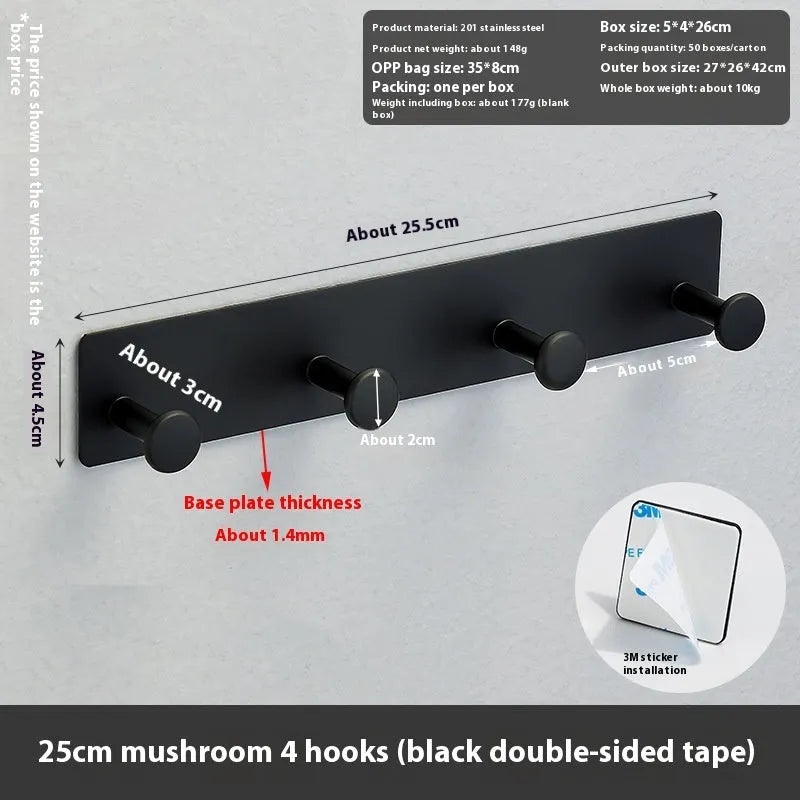 Screwless wall mounted clothes hook rack with mushroom head hooks in 3-hook configuration