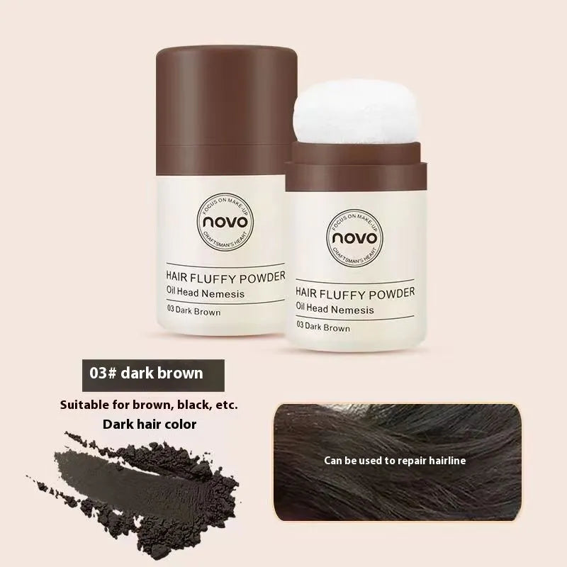 Oil control booster powder for face and bangs in three shade options: transparent, brown, and dark brown