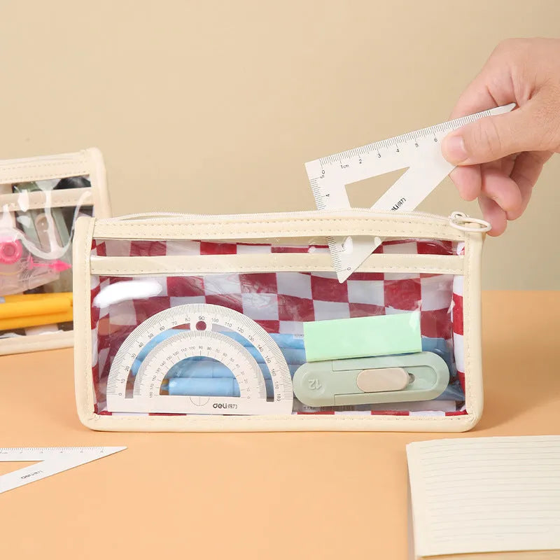 Transparent PVC pencil case with chessboard pattern in black and white grid design