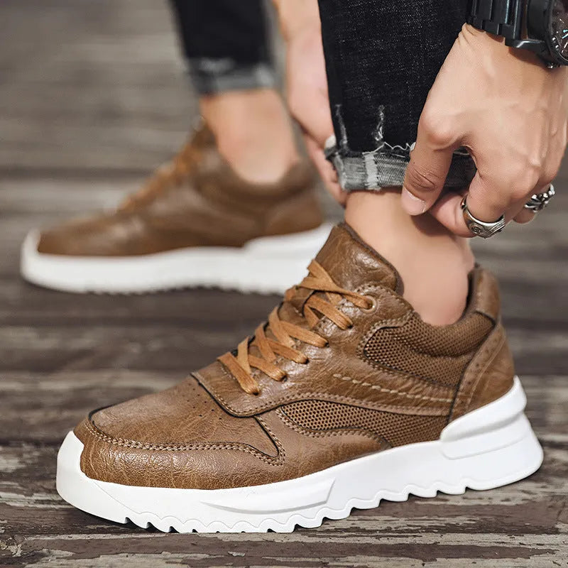Men's black invisible wedge hidden heel casual sports shoes with synthetic leather upper and rubber sole, side view