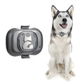 Black pet GPS tracker with hanging rope showing dimensions and USB charging port