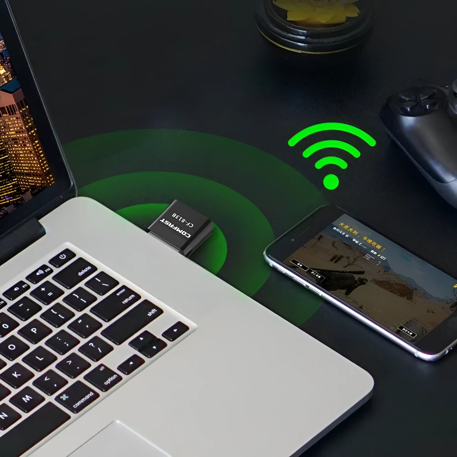 Black two-in-one USB WiFi Bluetooth adapter with nickel-plated connector for desktop and laptop