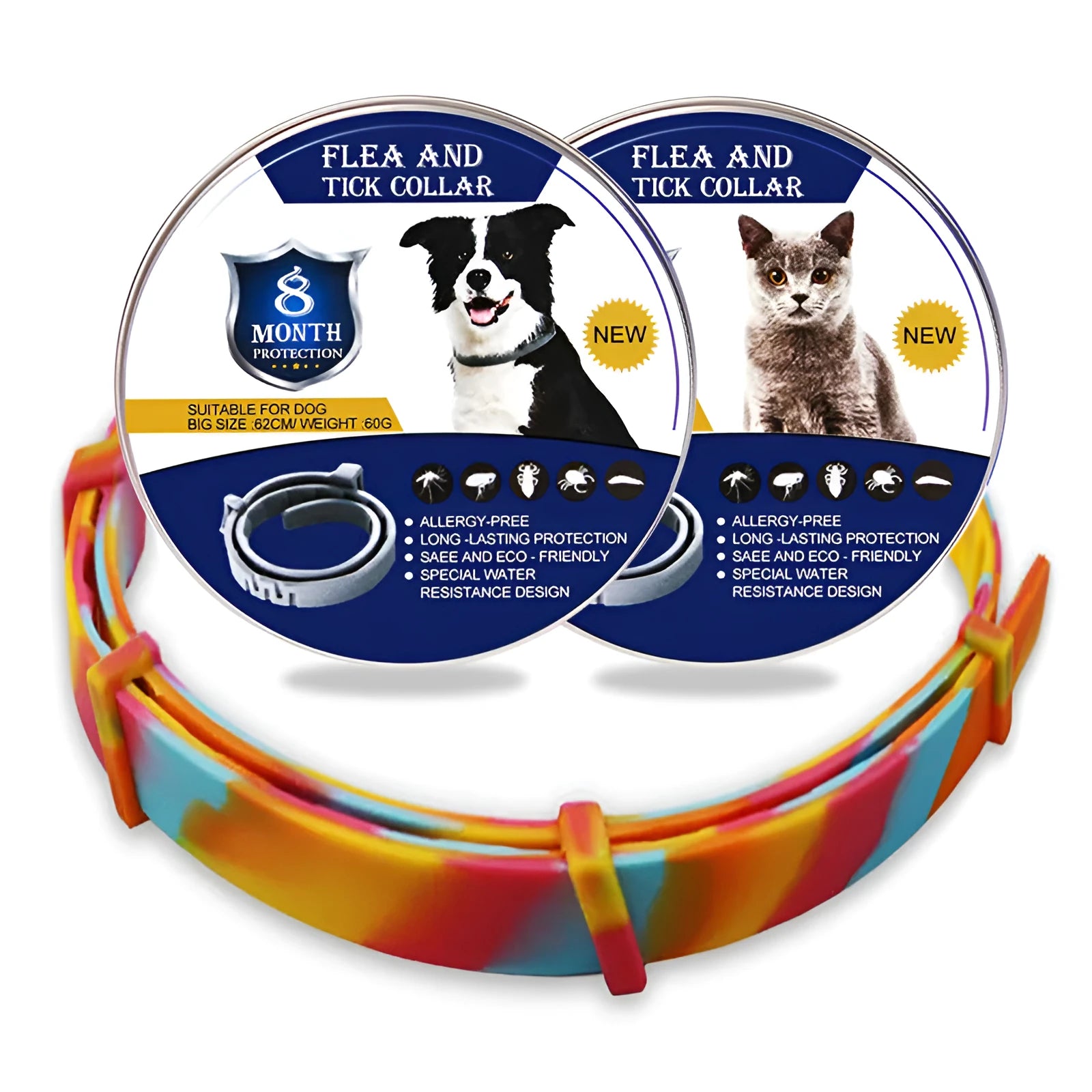 Rainbow-coloured plastic pet flea preventing collar for cats or dogs with anti-lice properties