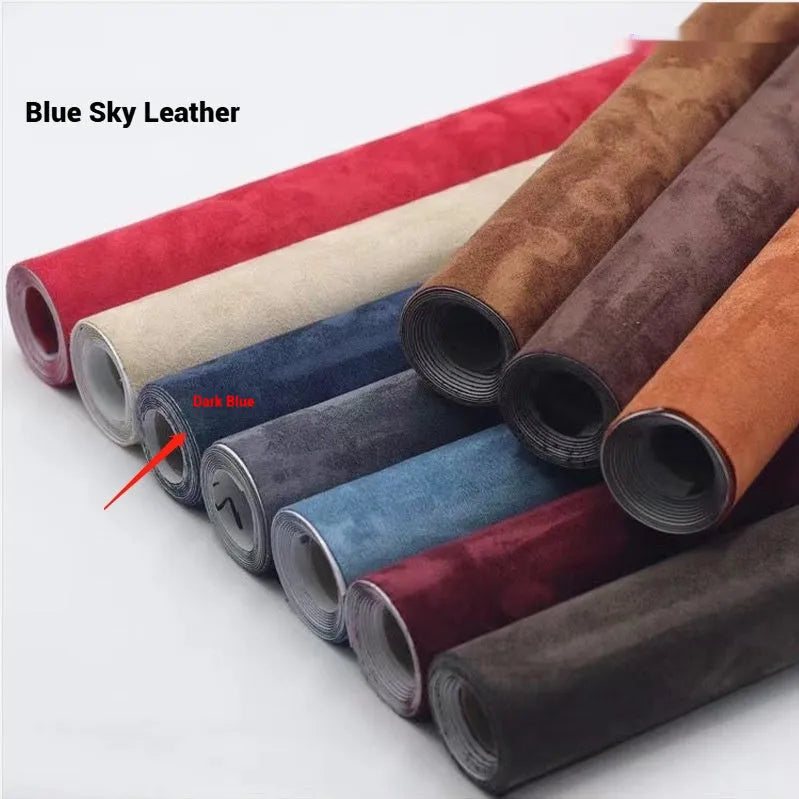 Rolls and sheets of coloured self-adhesive suede leather material for DIY projects.