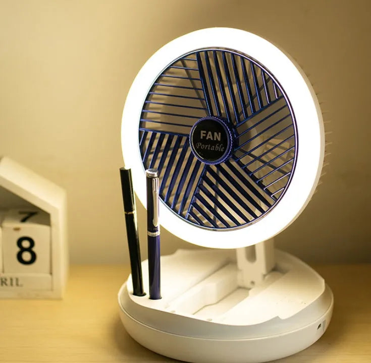 Blue foldable USB desk fan with LED light showing wall mount and ceiling hanging options