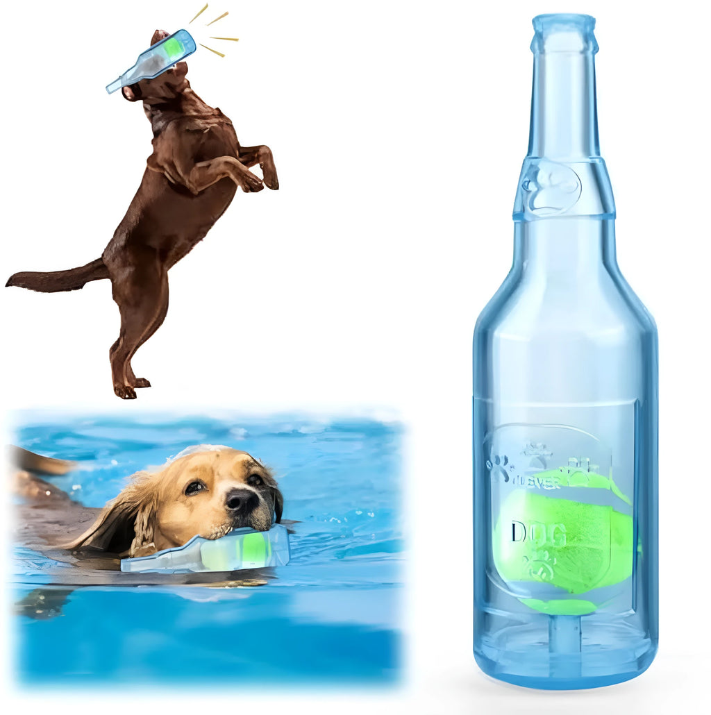 Blue green and red squeaky water bottle shaped dog chew toy for aggressive chewers