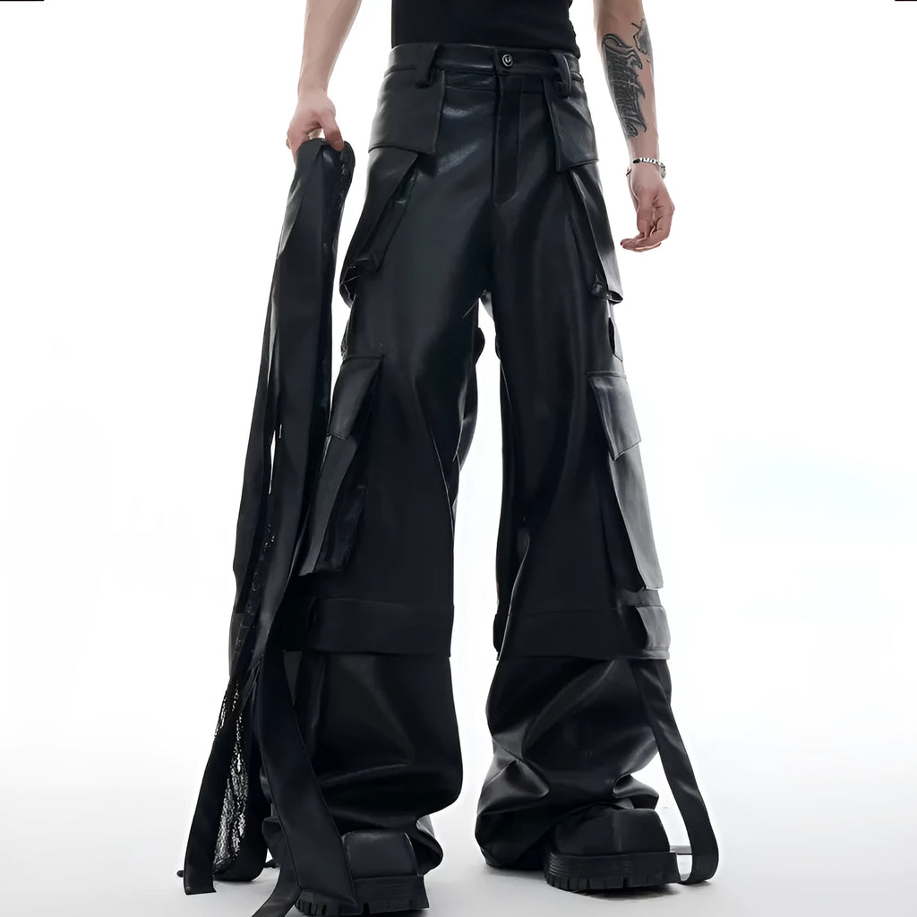 Black quilted leather trousers with multiple pockets and retro stitching details