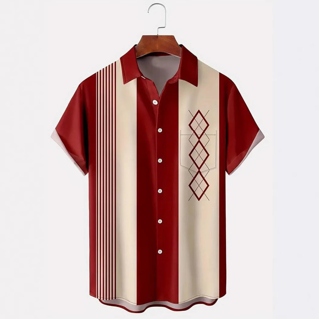 Men's plaid short-sleeve shirt cardigan with contrast lapel in elastic polyester fabric