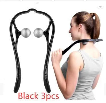 Blue plastic swan-shaped neck massager with hand roller and adjustable stand on a white background