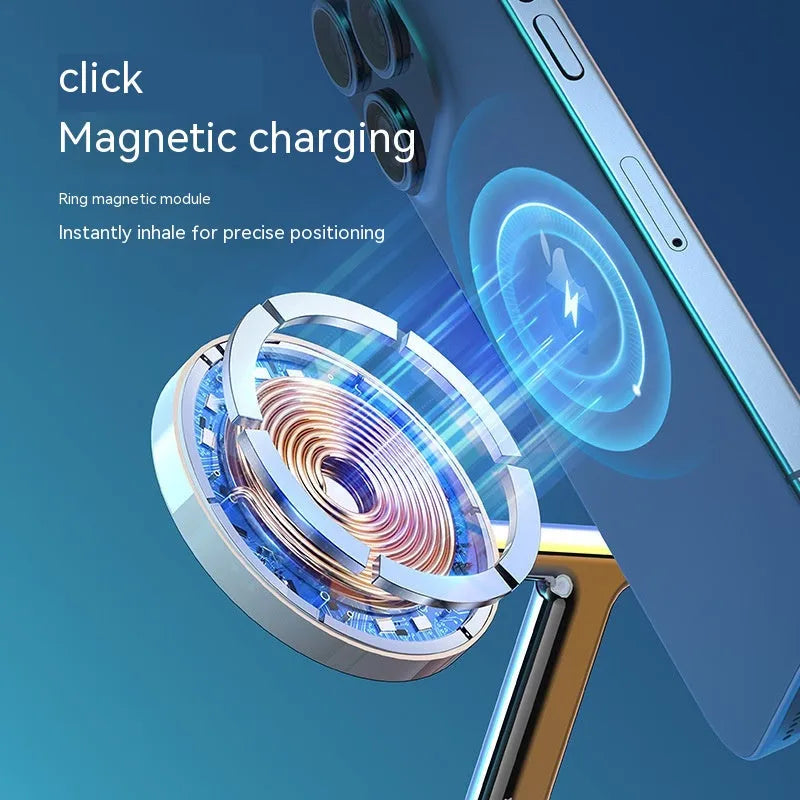 White three-in-one magnetic wireless charger with phone, earphone and watch stands on a desk