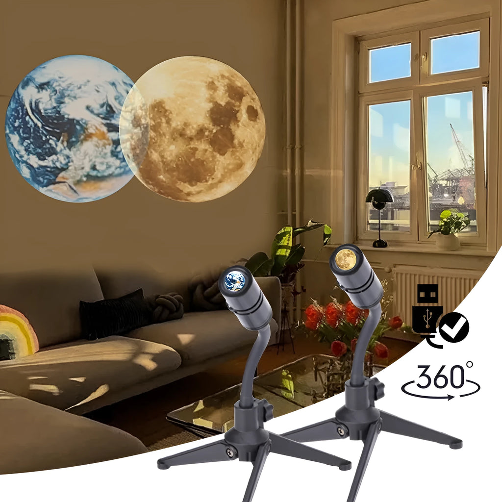 Earth and moon star projector lamp with adjustable hose bracket and USB power cable