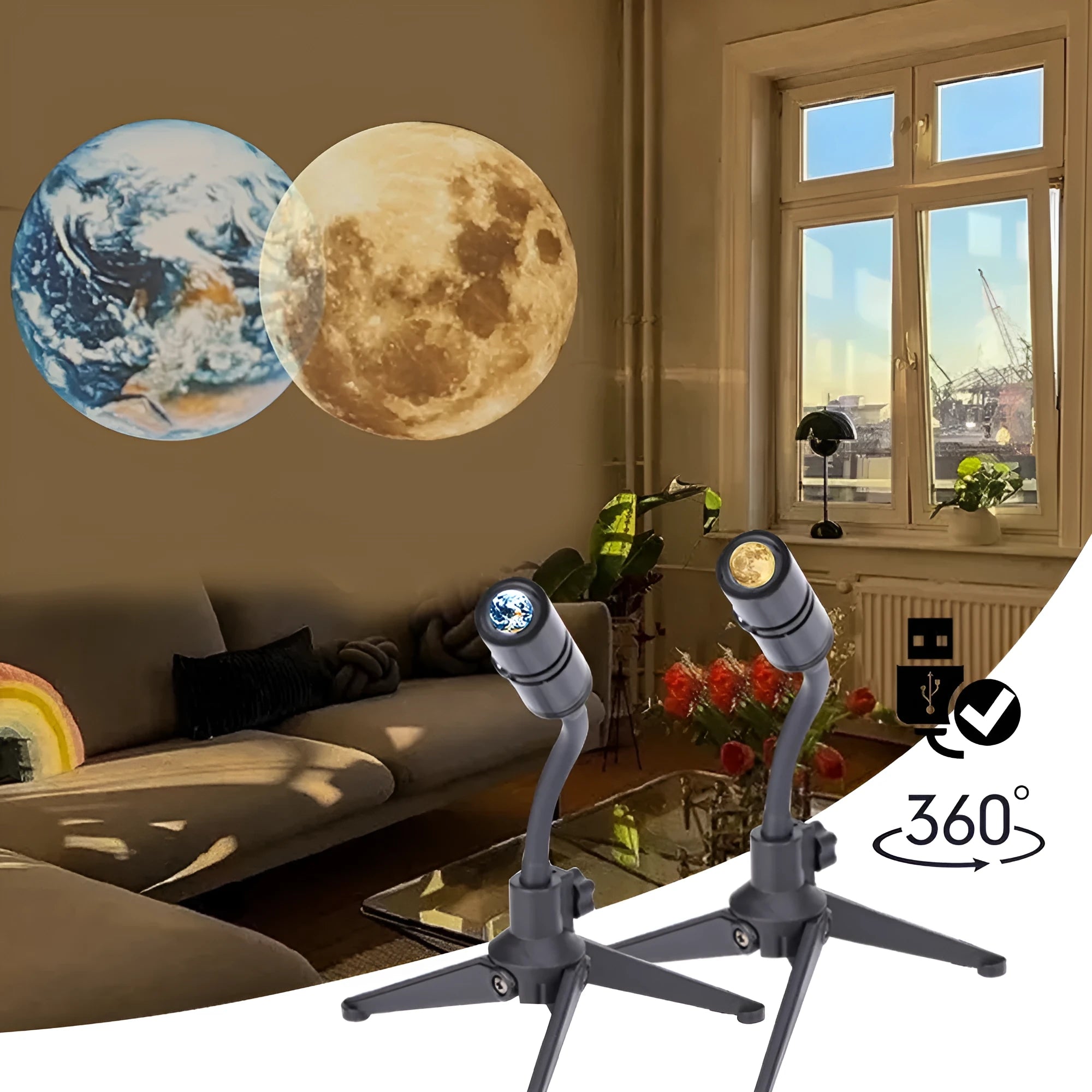 Earth and moon star projector lamp with adjustable hose bracket and USB power cable