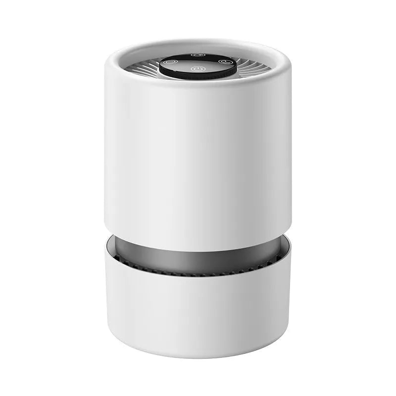 White desktop air purifier for small rooms with USB cable and aromatherapy tablet