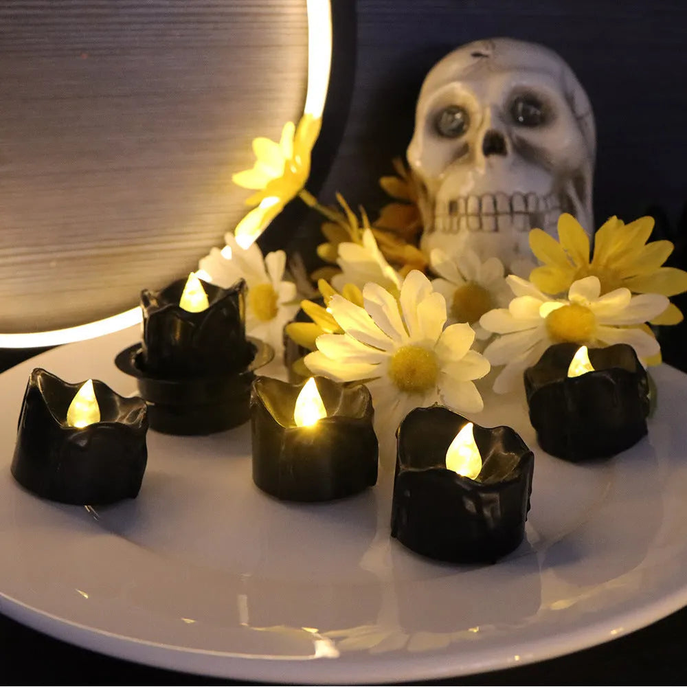 Black plastic concave LED candle with yellow flash effect, pack of 12 electronic wax candles for Christmas decor