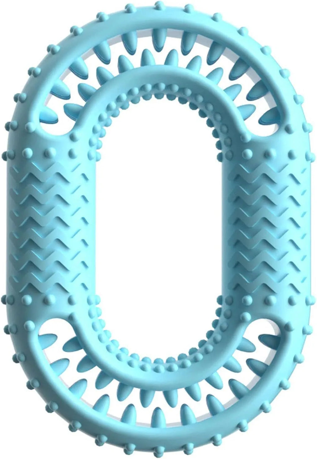Blue O-ring shaped dog chew toy for aggressive chewers and dental health on a plain background.