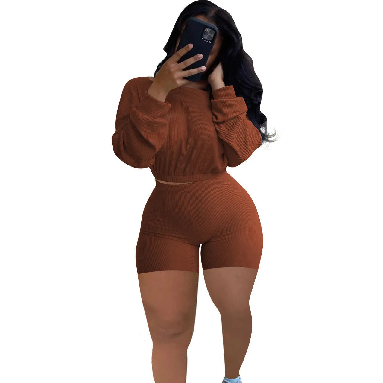 Women's solid colour off-the-shoulder top with sunken stripe detail and matching shorts, a two-piece set with long sleeves.