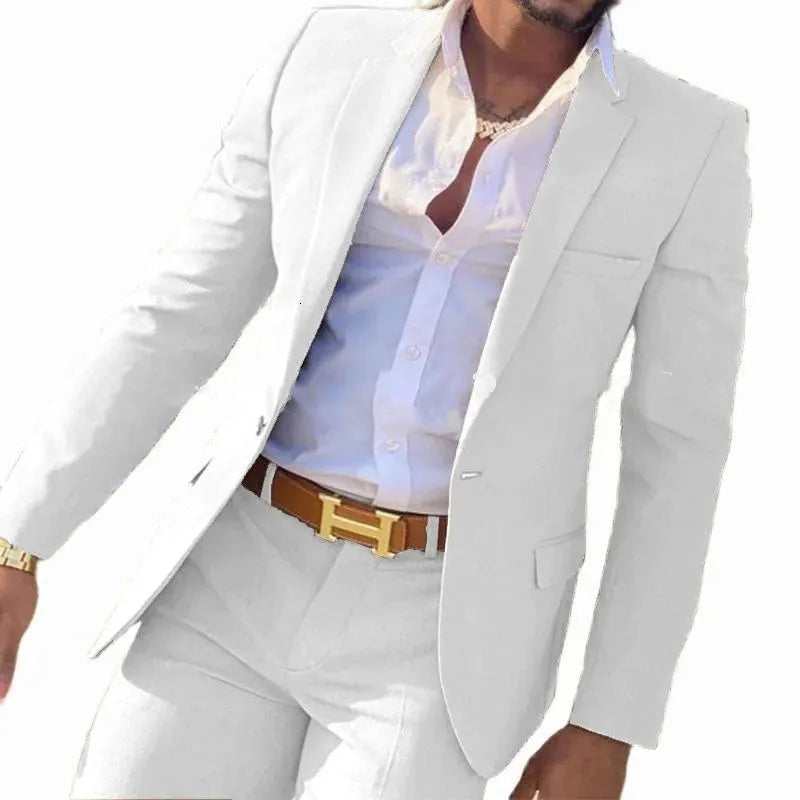 Men's multi-colour two-piece cotton suit for formal events, shown in a range of available colours.