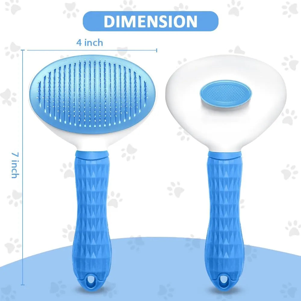 Blue, grey, and pink cat brush with a release button and fine wire bristles for removing loose fur.