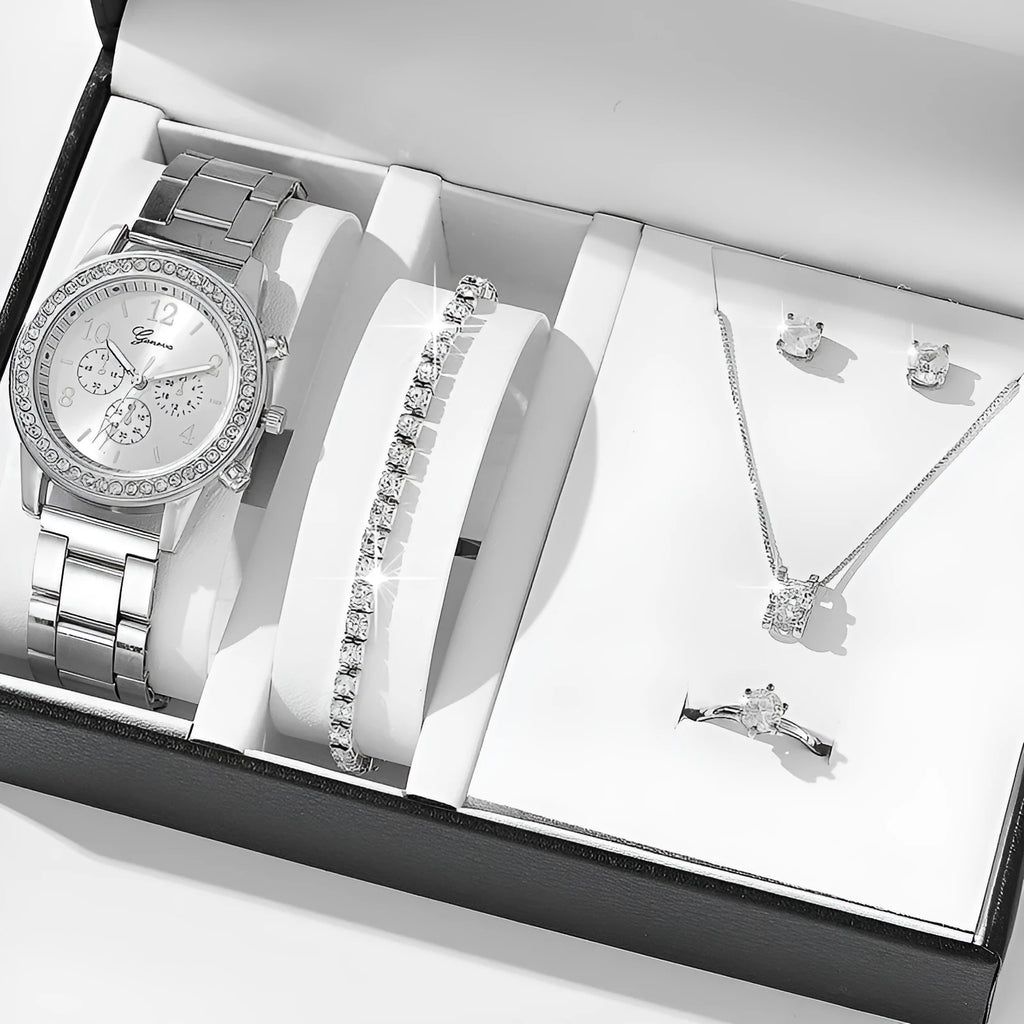 Women's casual quartz watch suit set with alloy case 36mm dial bracelet earrings necklace ring