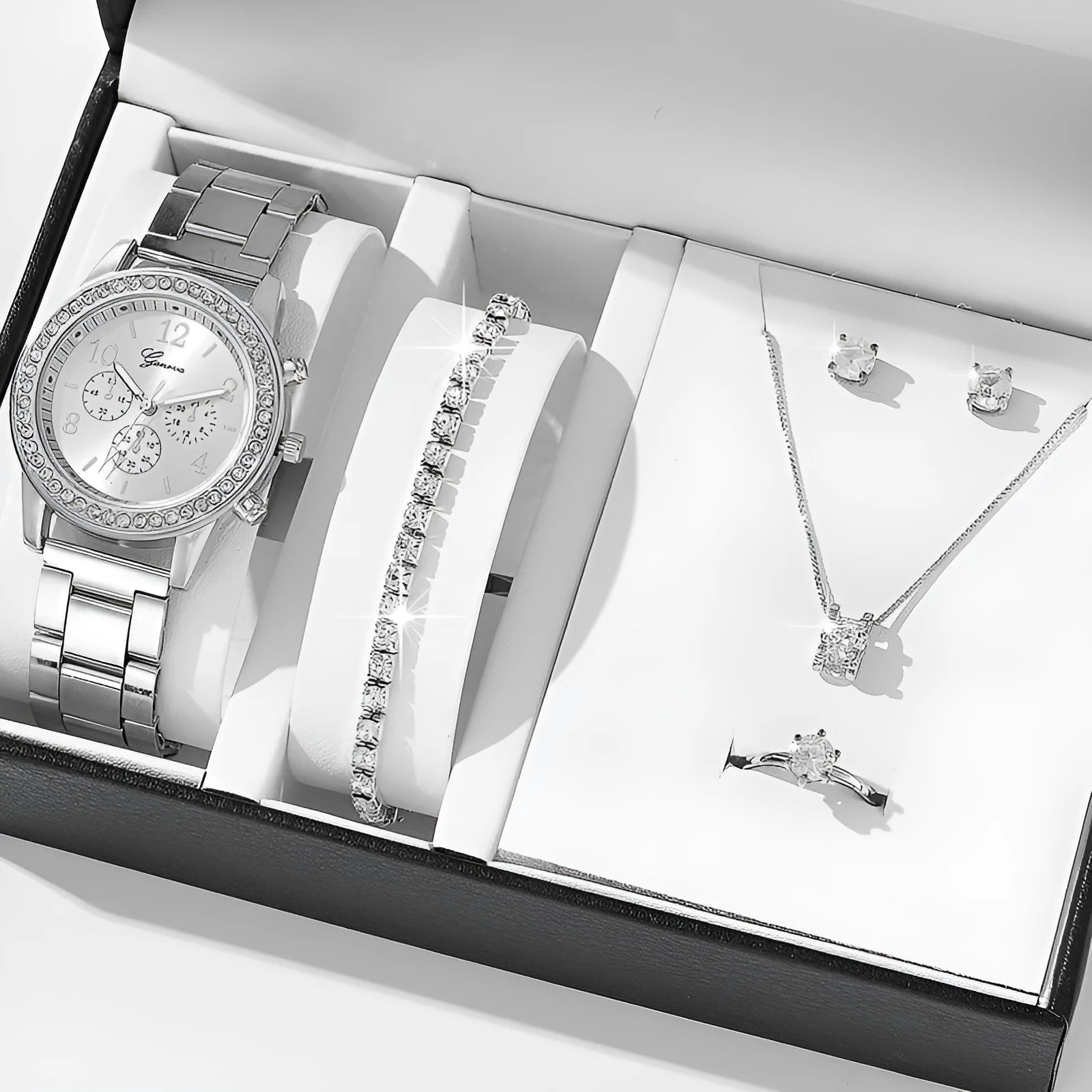 Women's casual quartz watch suit set with alloy case 36mm dial bracelet earrings necklace ring