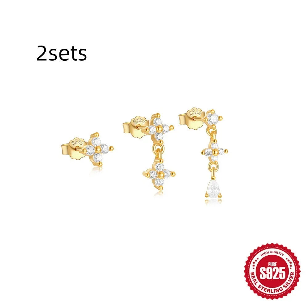 Set of three S925 sterling silver geometric tassel stud earrings in gold colour.