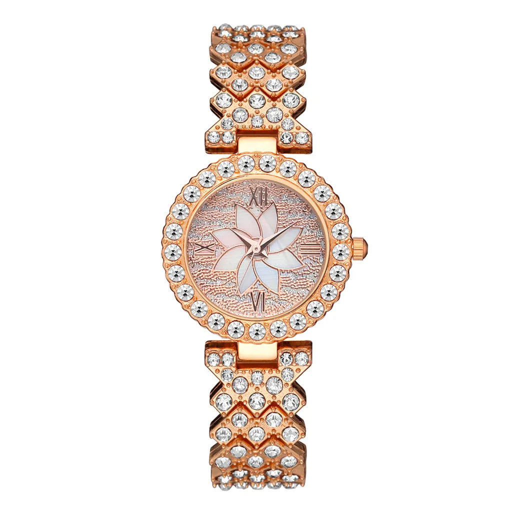 Diamond-embedded starry sky flower disk bracelet watch set for women rose gold 7mm quartz