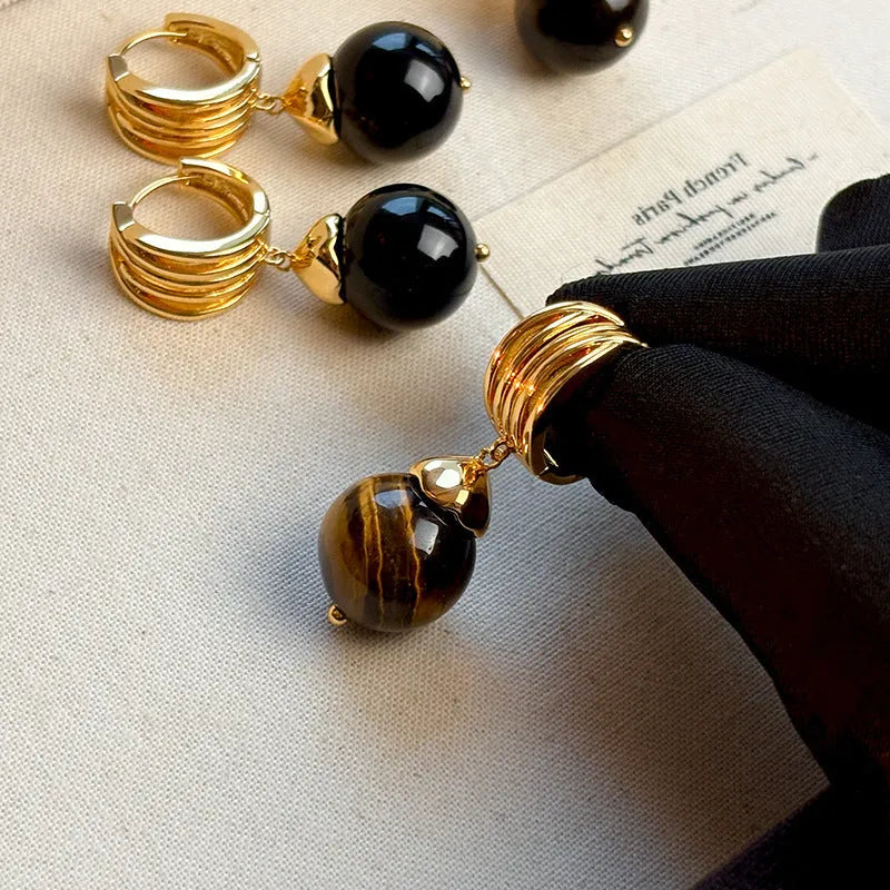 Gold plated tigereye geometric earrings for women in brown and black colours