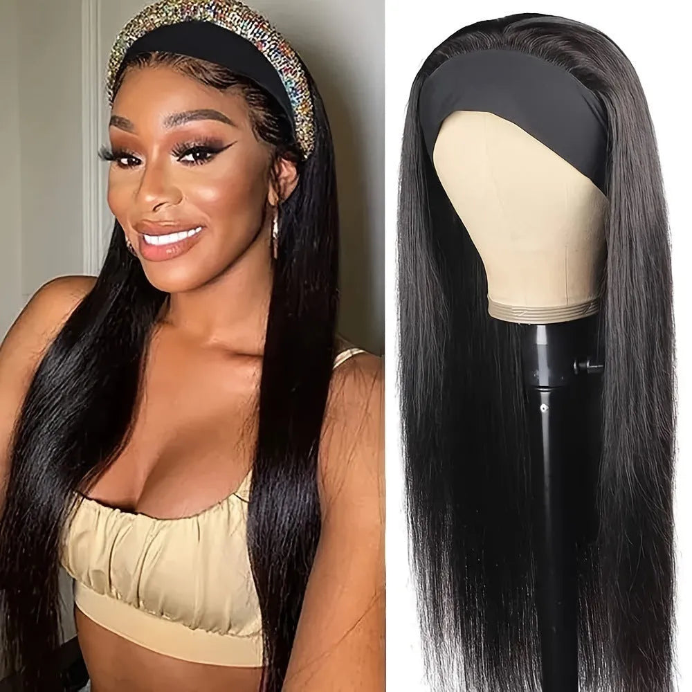 Headband wig with pre-attached headscarf in high temperature fibre hair