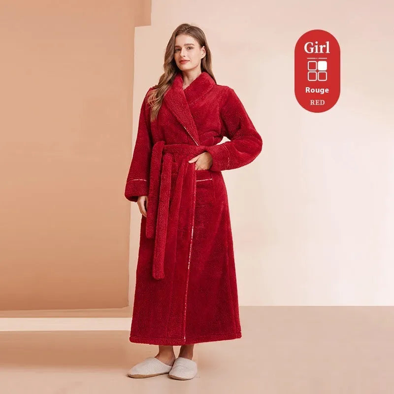 Men's and women's thick flannel bathrobe couple set in winter colours with extended plus sizing