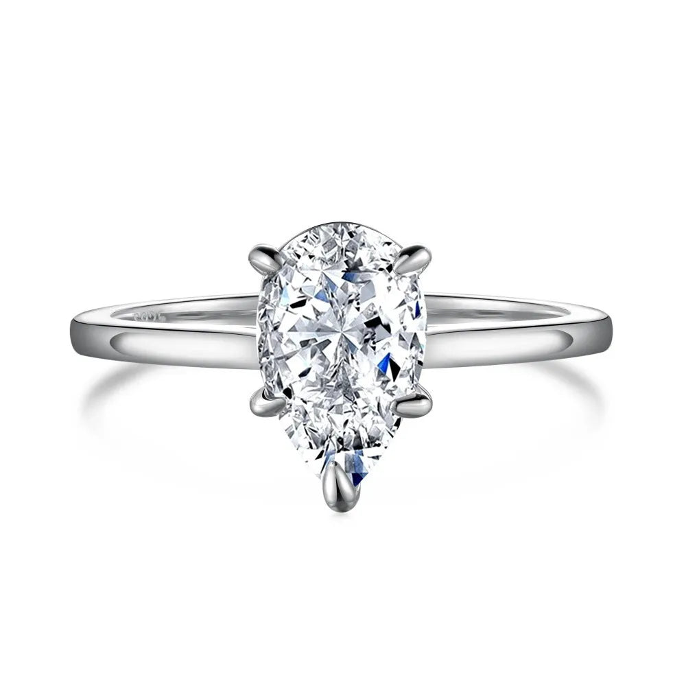 Sterling silver ring with pear-shaped high-grade zircon inlay, closed band, electroplated finish, multiple colours available