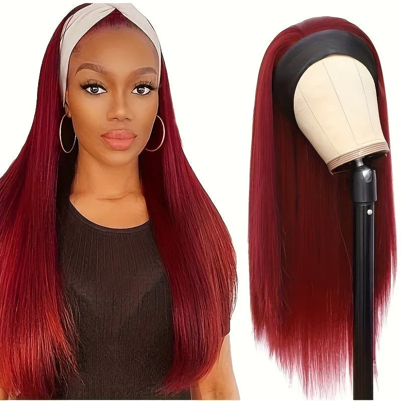 Headband wig with pre-attached headscarf in high temperature fibre hair
