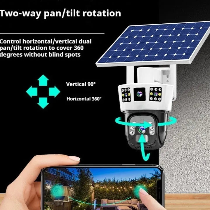 Solar-powered wireless surveillance camera with three-screen monitoring capability
