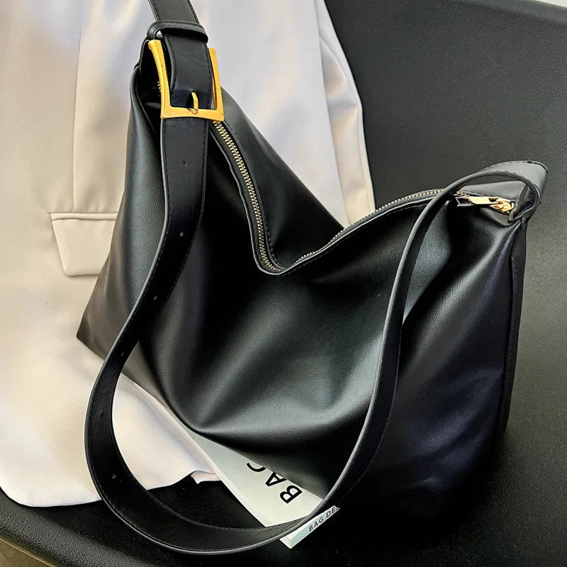 Large capacity simple PU tote bag in black, brown, or coffee colour with single shoulder strap and no lining