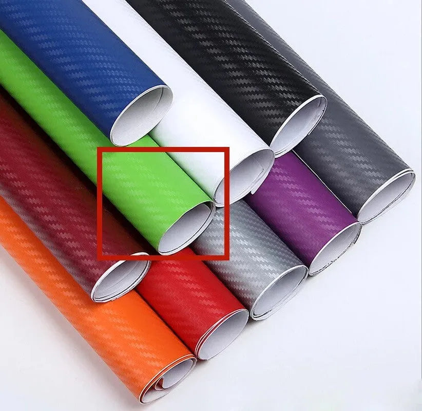 Roll of 3D carbon fibre car stickers showing textured pattern in multiple colour options
