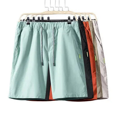 Men's polyester five-point shorts in army green, straight leg, mid-waist