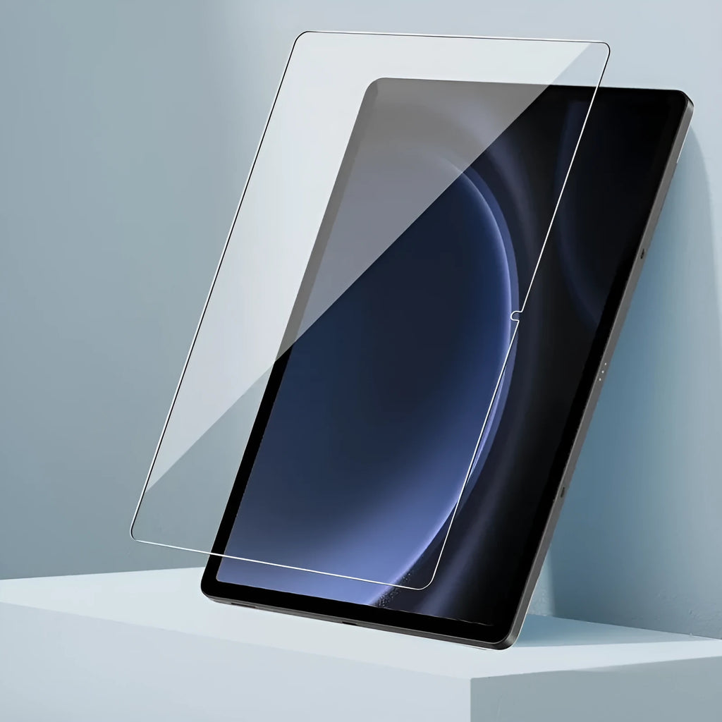 Tempered glass screen protector for Samsung Galaxy tablet with anti-fingerprint coating.