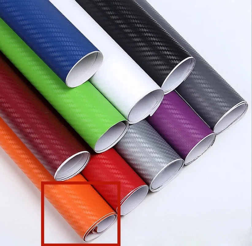 Roll of 3D carbon fibre car stickers showing textured pattern in multiple colour options