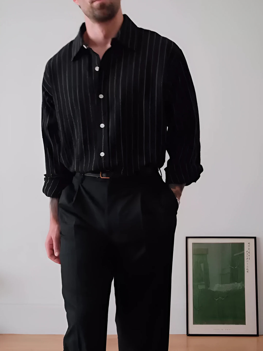 Black pinstriped button-down shirt with regular fit and long sleeves