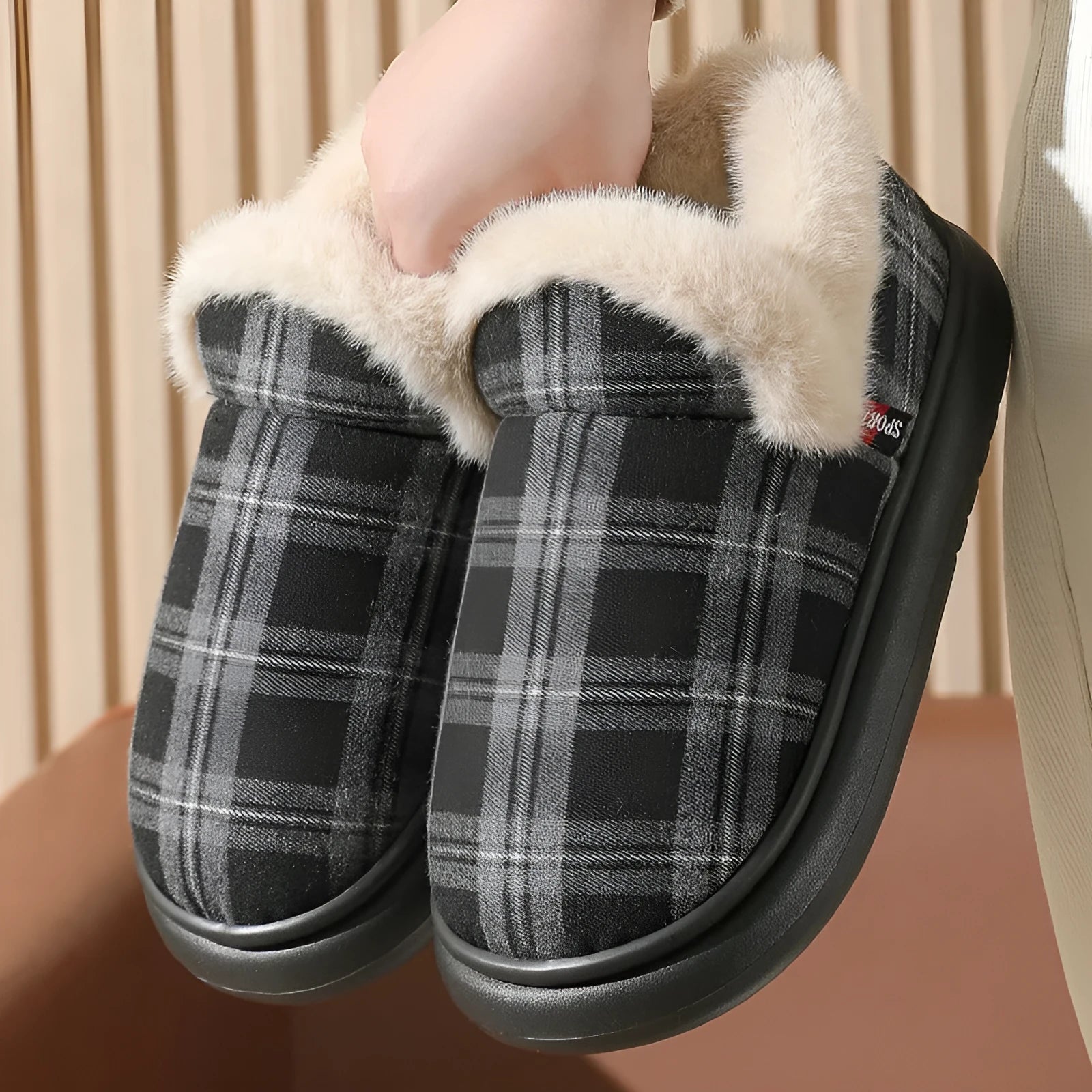 Plaid pattern suede ankle wrap slippers for men and women available in coffee, gray, green, and red