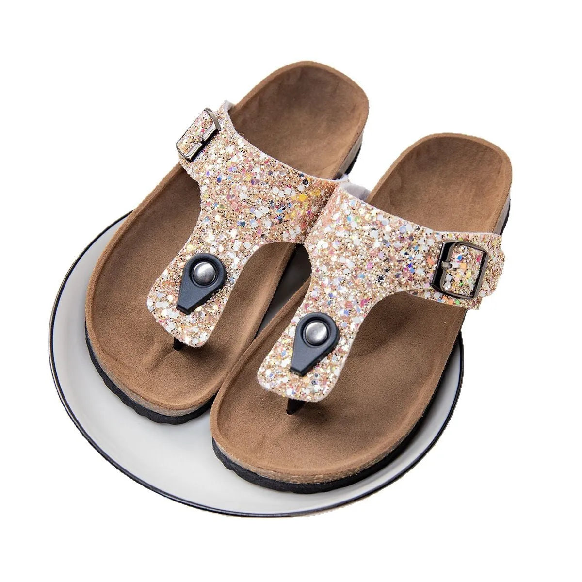 Cork flip-flops with frosted artificial leather upper and PVC sole in pink, silver, or gold colours