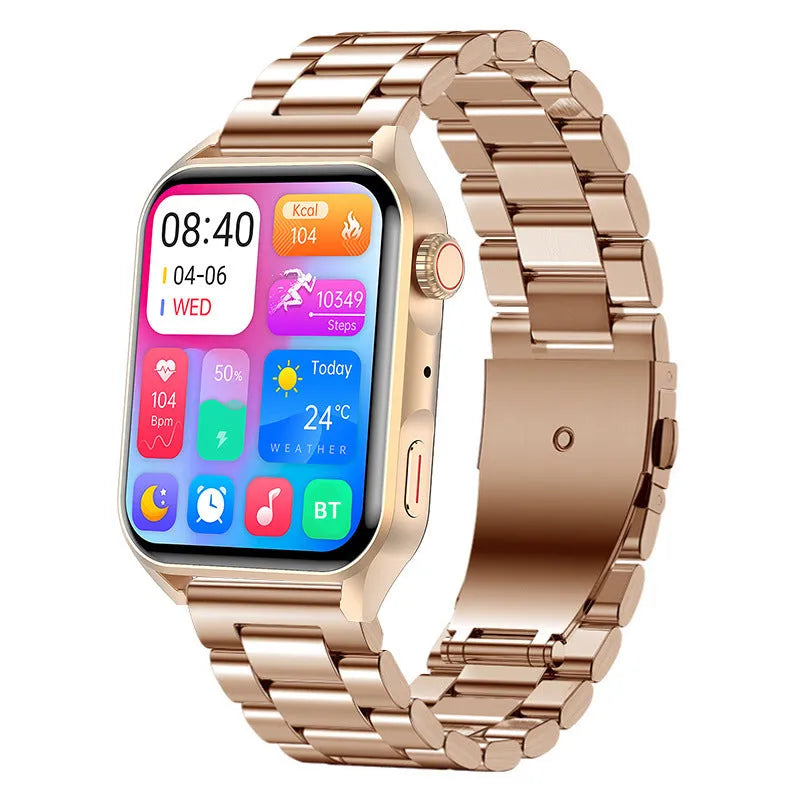 Pink smartwatch with AMOLED screen showing multiple watch dials and a silicone strap on a wrist