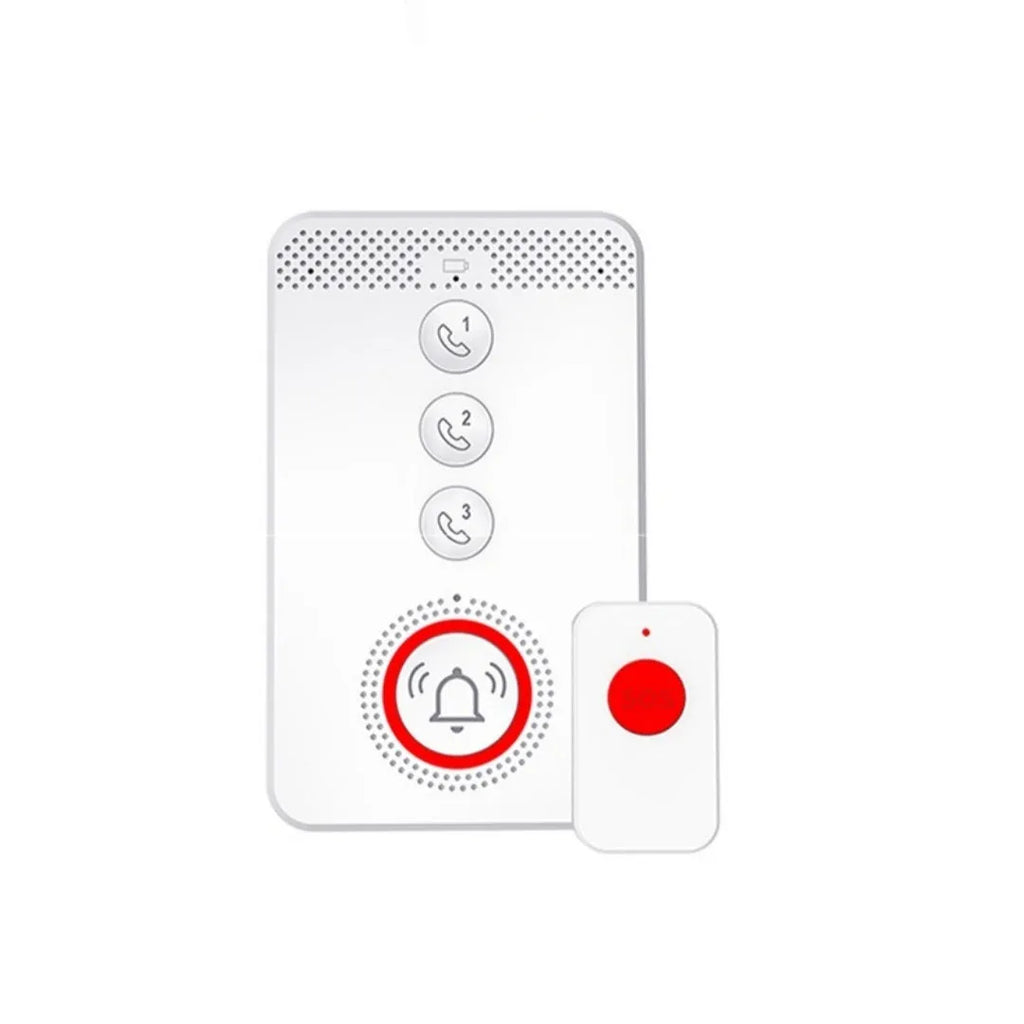 White circular emergency alert buzzer unit with three small emergency button transmitters for elderly safety