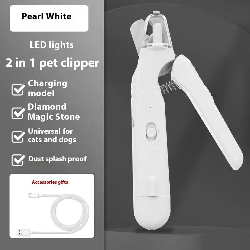 2-in-1 pet nail clipper with LED light and grinder for safe dog and cat nail trimming, white and green