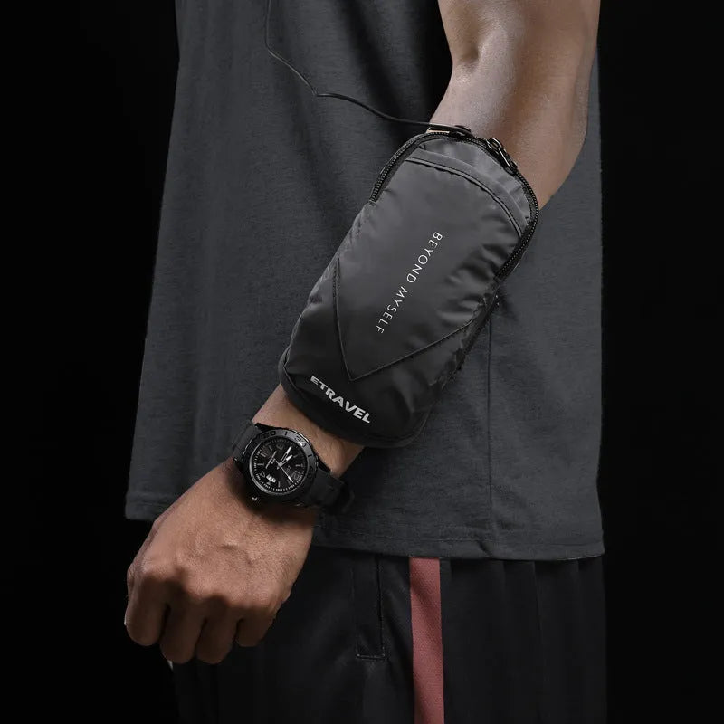 Running arm bag with reflective strip in three colour options: fluorescent yellow, black and silver grey