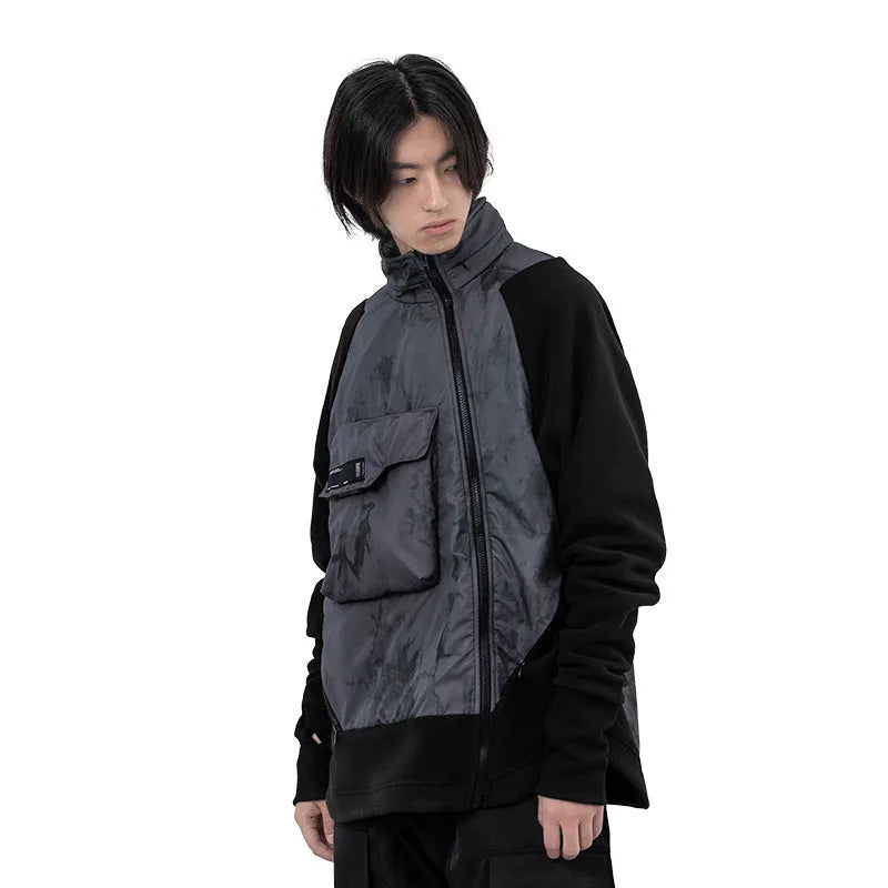 Men's black cotton fleece jacket with hood and trend stitching, loose fit