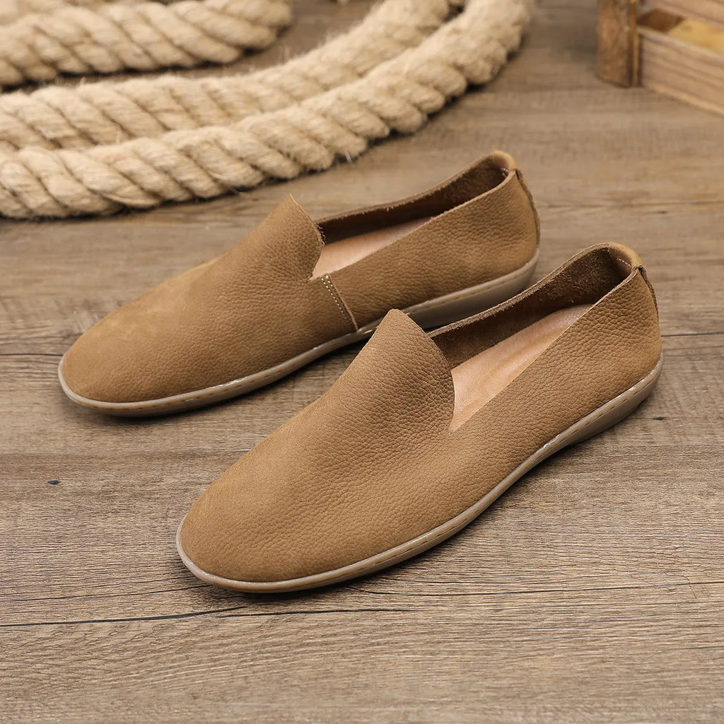 Handmade men's casual shoes in khaki and grey with cowhide upper and rubber wedge sole