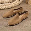 Handmade men's casual shoes in khaki and grey with cowhide upper and rubber wedge sole