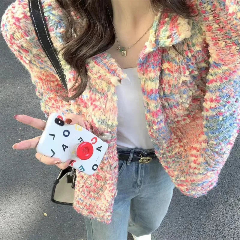 Rainbow pattern knitted cardigan in acrylic fibre with slim fit and regular sleeves