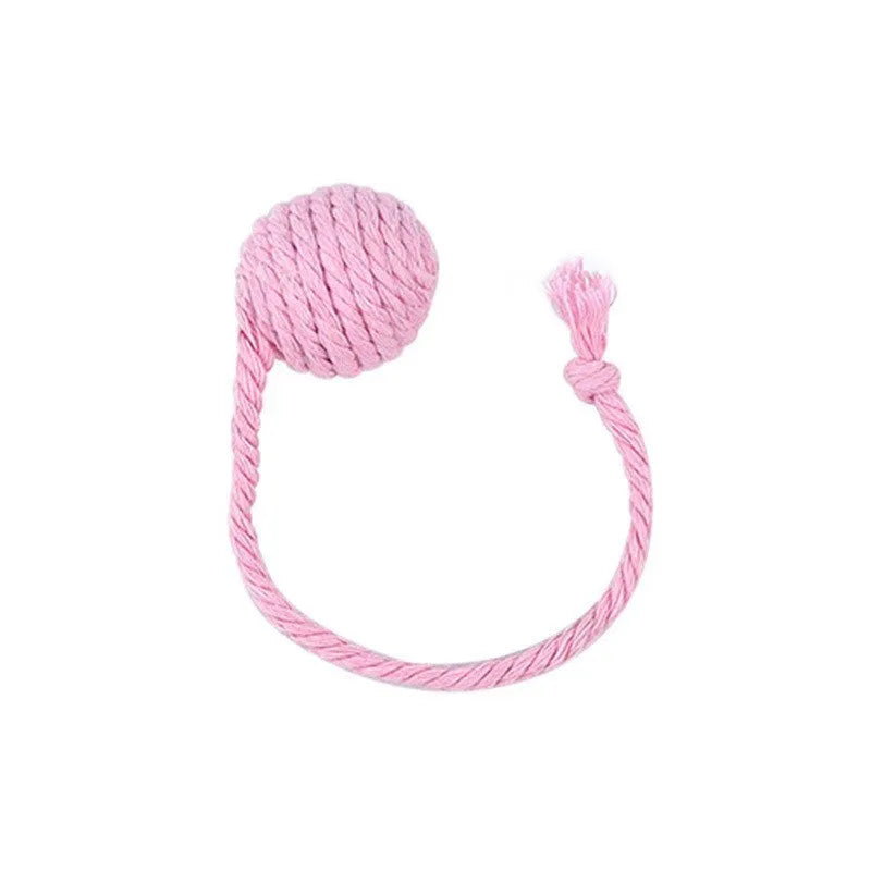 Cat toy ball with rope in four colours: green, pink, purple, and yellow